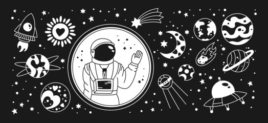 Space doodle sketch set. Astronomical hand drawn planets, rocket, comet and stars, sun, constellations and astronaut. Retro style night sky children spacecraft and celestial bodies, astronomy vector