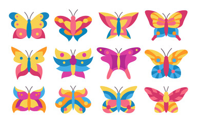 Butterfly color ornate set. Elegant exotic butterflies and moths isolated illustration. Abstract stylized tropical insect, bright wings. Wildlife childrens hand drawn symbol design elements vector
