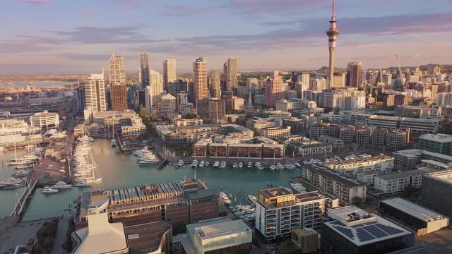 Aerial: Wynyard quarter looking towards Auckland city, New Zealand