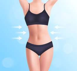 Fototapeta na wymiar Beautiful woman's body. Perfect slim toned young body. Girl in perfect sexy body shape in black panties in 3d vector illustration, On a blue bokeh background.