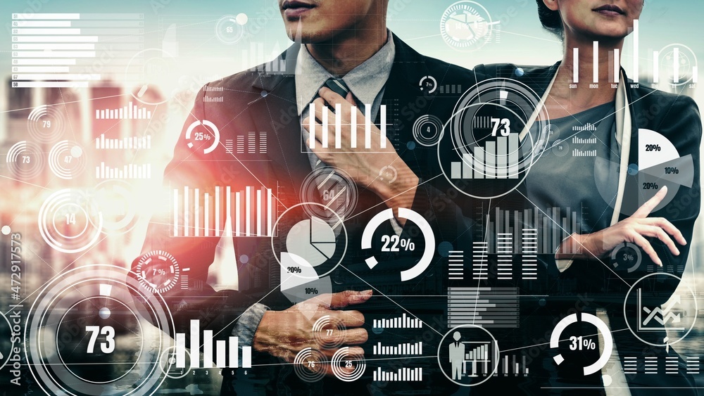 Poster conceptual business dashboard for financial data analysis . 3d render computer graphic .