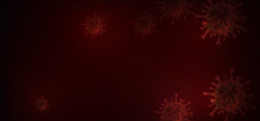 Naklejka na ściany i meble Coronavirus cells covid-19. Dark red gradient background as dangerous flu strain cases as pandemic influenza. 3d rendering background.