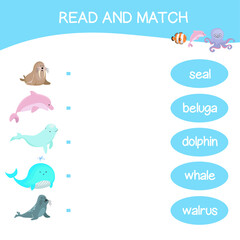 Read and match worksheet game. English alphabet with cartoon animals set. Matching words with images using funny sea animals for kids. Vector illustration.