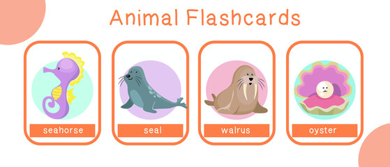 Cute animal flashcards collection. English alphabet with cartoon animals set. Cute drawing of sea animals. Card games for kids. Vector illustration.