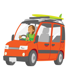 Fototapeta premium 車にサーフボードを積み、海へ向かう女性