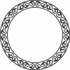 Vector monochrome round patterned Kazakh national frame. Asian ornament in a circle. Border for sandblasting, laser and plotter cutting. Patterns of the nomadic peoples of the Great Steppe
