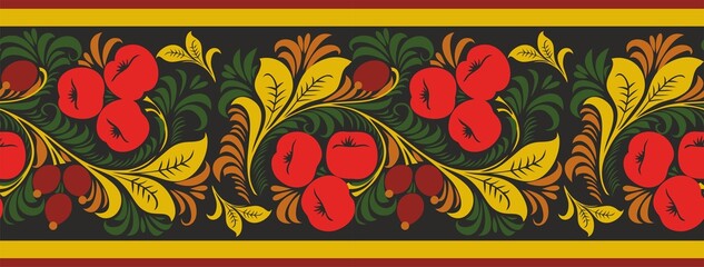 Vector seamless Russian national ornament Khokhloma. Border, frame with ethnic traditional floral and berry design.
