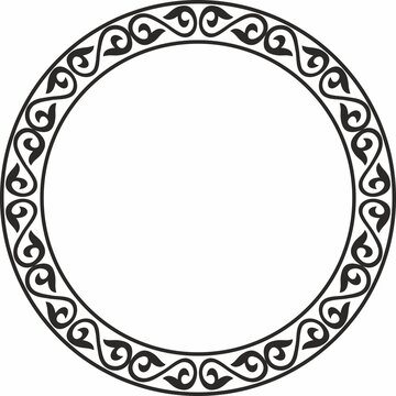 Vector monochrome round patterned Kazakh national frame. Asian ornament in a circle. Border for sandblasting, laser and plotter cutting. Patterns of the nomadic peoples of the Great Steppe
