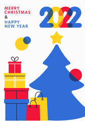 Merry Christmas and Happy New Year 2022 greeting card, poster, holiday cover. Modern Xmas design in blue, red, yellow and white colors. Christmas tree, gifts elements on white background