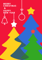 Fototapeta na wymiar Merry Christmas and Happy New Year 2022 greeting card, poster, holiday cover. Modern Xmas design in blue, red, yellow and white colors. Christmas tree, balls on red background