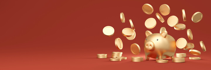 3D Rendering gold piggybank with many golden coins flying around the bank on red background for commercial design. 3D Render illustration.