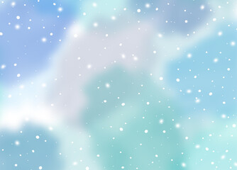 Watercolor Blurred Background. Winter snowy blue and turquoise gradient sky with cloud