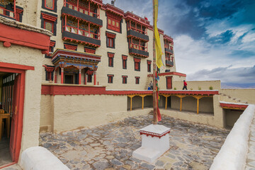 Stok palace, with view of Himalayan mountians - it is a famous Buddhist temple in,Leh, Ladakh, Jammu and Kashmir, India. - obrazy, fototapety, plakaty