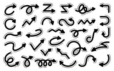 Arrow hand drawn different shape direction black line set. Selection sketch and path indicator. Flexible navigation curve doodle infographic. Conceptual web business design isolated white background