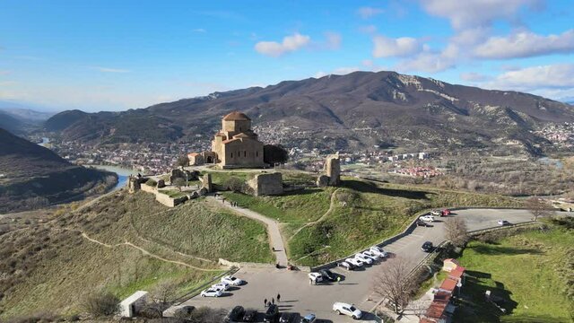 Aerial view of Jvari Monastery above Mtskheta, Georgia