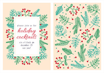Obraz premium Cocktail party invitation vector template. Hand-drawn floral frame on a light background. Christmas card with branches of pine, fir, wild rose, red berries. Flat style, vintage holiday blank.