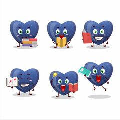 A picture of blue love gummy candy cartoon character concept reading an amusing book