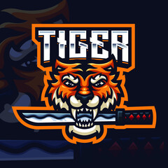 Tiger Biting Sword Mascot Gaming Logo Template