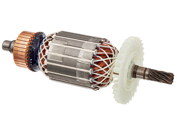 Rotor or of anchor electric motor closeup, isolated on white background