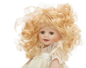 Vintage porcelain doll, isolated on white background