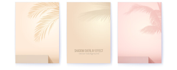 Set of posters for branding, product display and presentation. Backgrounds with shadow of palms. Skintone color