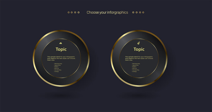 TWO Luxury Golden multipurpose Infographic design template with three options and Premium golden version on a dark background with Two golden circle Vector.eps
