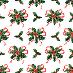 Watercolor painting pattern red ribbon and holly with berries. Trendy Christmas illustrations. Christmas pictures. Christmas tree decoration. Isolated on a white background. Drawn by hand.