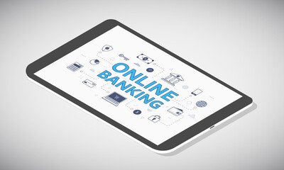 online banking concept on tablet screen with isometric 3d style