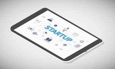 business startup concept on tablet screen with isometric 3d style