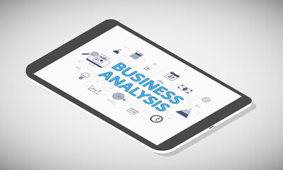 business analysis concept on tablet screen with isometric 3d style