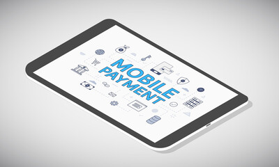 mobile payment concept on tablet screen with isometric 3d style