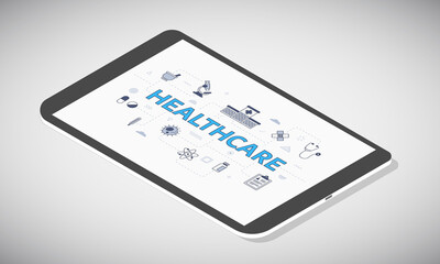 healthcare concept on tablet screen with isometric 3d style