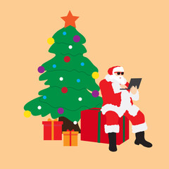 Vector illustration of Santa Claus delivers Christmas gifts from his laptop