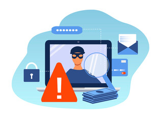 vector illustration on the topic of online fraud, cyber security. laptop with fraudster image, warning sign, money, bank card, passwords. trend illustration in flat style