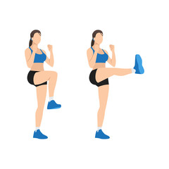 Woman doing Front kick exercise. Flat vector illustration isolated on white background - obrazy, fototapety, plakaty