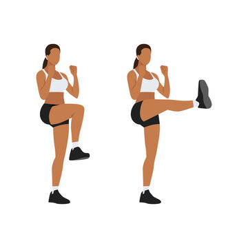 Woman Doing Front Kick Exercise. Flat Vector Illustration Isolated On White Background