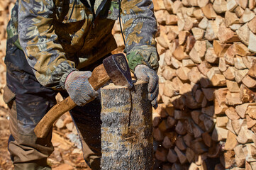Fototapeta na wymiar chopping firewood with a chopper close-up on a sunny day