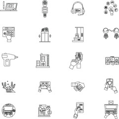 Outline Technology in business icon set Can be used for topics like industry, communication, production, solution flat vector collection 