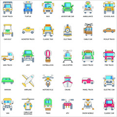 Transportation vehicles flat vector icon collection set