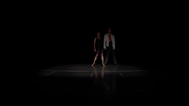 Ballroom dancers pair synchronously come on stage from darkness.Slow flexible steps forward and sideways,spinning and dancing,woman in foreground as an open flower,man bends over her face in passion.