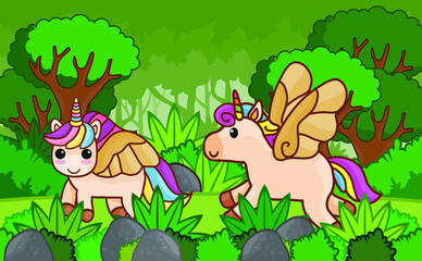 Cute cartoon unicorn with background illustration  jungle