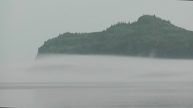 Sea mist rising quickly, covering a mountain in the Bic park. Time-lapse video