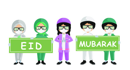 Cute family Moslem Greeting illustration. Happy Eid mubarak 