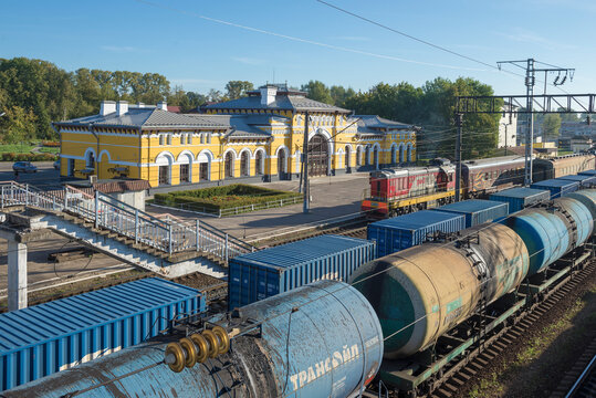SHARYA, RUSSIA - SEPTEMBER 03, 2020: View of the old railway station building on a sunny September day. Sharya station of the Northern railway