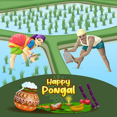 Pongal greetings with Male and Female Tamil farmers working together in paddy field © shunmugam