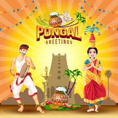 Pongal greetings with Tamil folk dance performance celebration © shunmugam