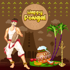 Pongal greetings with Tamil Folk Dancer playing Drum © shunmugam