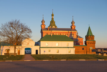 At the entrance to the Staraya Ladoga St. Nicholas Monastery on a sunny December morning. Staraya Ladoga, Russia