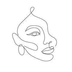 Woman Face Line Drawing. Abstract Minimal Female Face One Line Drawing for Fashion Icon, Logo, Modern Wall Decor, Prints, Posters. Woman Head Simple Minimalist Illustration. Vector EPS 10