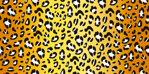 Leopard texture on a golden background. Animalistic seamless pattern. Vector hand-drawn illustration